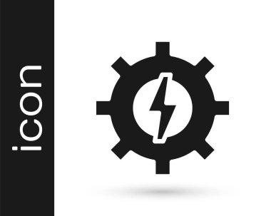 Siyah dişli ve şimşek simgesi beyaz arkaplanda izole edilmiş. Elektrik gücü. Şimşek işareti. Vektör.