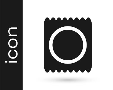 Beyaz arka planda siyah prezervatif ikonu izole edildi. Güvenli aşk sembolü. Erkekler için doğum kontrol yöntemi. Vektör.