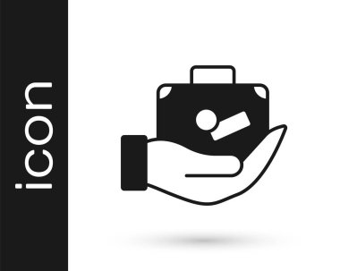 Siyah seyahat valizi beyaz arka planda izole edilmiş el simgesi. Seyahat bagaj sigortası. Güvenlik, güvenlik, koruma, konsept koruma. Vektör.