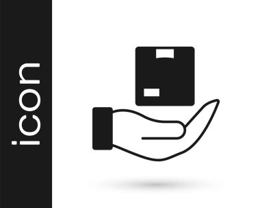 Siyah Teslimat sigorta ikonu beyaz arka planda izole edildi. Kalkanın ötesinde sigorta kutuları var. Vektör.