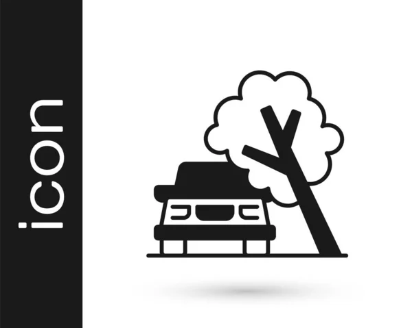 Schwarzes Auto Beschädigt Durch Umgestürzten Baum Ikone Isoliert Auf Weißem — Stockvektor