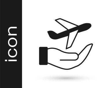 Beyaz arka planda izole edilmiş siyah uçak el ikonu. Uçan uçak. Uçak sigortası. Güvenlik, güvenlik, koruma, konsept koruma. Vektör.