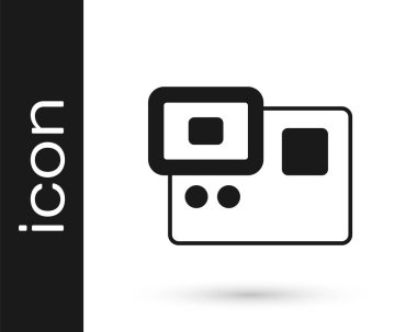 Siyah Eylem ekstrem kamera simgesi beyaz arkaplanda izole edildi. Ekstrem sporları çekmek için video kamera ekipmanı. Vektör.