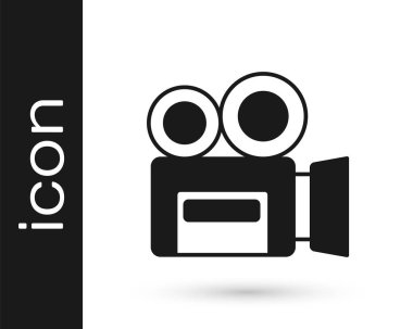 Siyah Retro sinema kamerası ikonu beyaz arkaplanda izole edilmiş. Video kamera. Film tabelası. Film projektörü. Vektör.