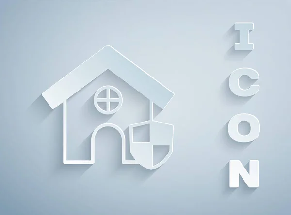 Papiergeschnittenes Haus Mit Schildsymbol Isoliert Auf Grauem Hintergrund Versicherungskonzept Sicherheit — Stockvektor