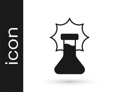 Siyah Kimyasal deney, beyaz arka planda izole edilmiş şişe ikonundaki patlama. Test tüpünde kimyasal patlama. Vektör.