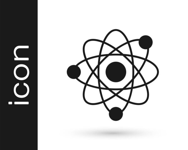 Black Atom icon isolated on white background. Symbol of science, education, nuclear physics, scientific research. Vector.