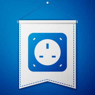 Mavi Elektrik çıkış simgesi mavi arkaplanda izole edildi. Elektrik prizi. Rosette sembolü. Beyaz flama şablonu. Vektör.