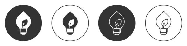 黑色灯泡 叶子图标隔离在白色背景上 生态能源概念 替代能源概念 圆形按钮 — 图库矢量图片