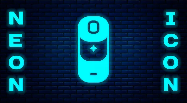 Parlayan Neon Batarya Şarj Seviyesi Göstergesi Simgesi Tuğla Duvar Arka — Stok Vektör