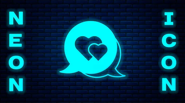 Glowing Neon Heart Speech Bubble Icon Isolated Brick Wall Background — Stock Vector