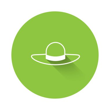 Uzun gölgeli beyaz kadın şapka ikonu. Yeşil daire düğmesi. Vektör.