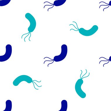 Mavi Bakteri simgesi beyaz arkaplanda izole edilmiş kusursuz desen. Bakteriler ve mikroorganizmalar, sebep olan mikroorganizma hastalıkları, hücre kanseri, mikrop, virüs, mantar. Vektör.