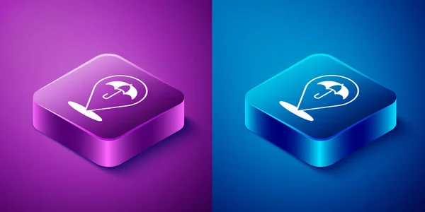 青と紫の背景に分離されたアイソメトリックアンブレラのアイコン 保険の概念 防水アイコン セキュリティの概念 正方形のボタン ベクトル — ストックベクタ