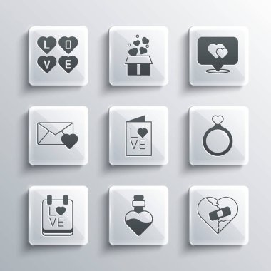 Aşk iksiriyle şişelenmiş kırık kalp ya da boşanma yüzükleri sevgililer günü parti broşürü takvimi 14 Şubat Zarif Aşk metni ve konum ikonu. Vektör.