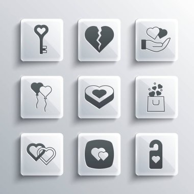 Lütfen kalp alışveriş torbası ile rahatsız etmeyin. Şeker şekilli kutu iki bağlantılı balon. Anahtar ve el ikonu. Vektör.