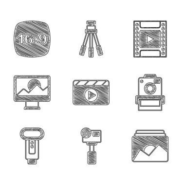 Movie clapper Action ekstrem kamera çerçeveli flaşlı film rulo kartuşu ve 16 simgesini ayarla. Vektör.