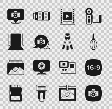 Fotoğraf makinesi çerçevesi 16 Toz üfleyici kamera rulo kartuşu boş fotoğraf stüdyosu ve Tripod simgesini ayarla. Vektör.