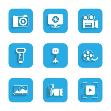 Stüdyo ampulünü softbox Fotoğraf Kamerası odak çerçeve hattı Film makarasına ayarlayın. Flaş Retro sinema ve simgesine rötuş yapın. Vektör.