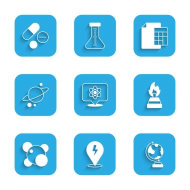 Atom Yıldırımı Dünya 'nın şimşeği Alkol ya da Ruh Yakıcı Molekül Gezegeni Satürn Hesap Makinesi ve İlaç hapı ikonunu ayarlayın. Vektör.