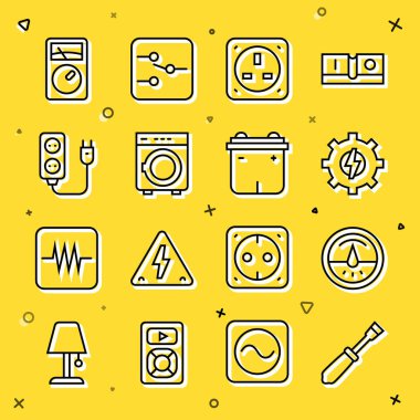 Hat hattı elektrik sayacı dişlisi ve yıldırımlı elektrik prizi eklentisi Ampere multimetre ve araba akü ikonunu ayarla. Vektör.