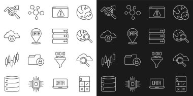 Satır Hesaplayıcı Arama Bulut hesaplama küre tarayıcısını ünlem işareti Data Analiz Bulut kilit verisi ve Sunucu simgesi ile ayarla. Vektör.