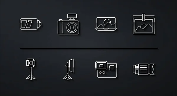 Set Line Batterij Voor Camera Studio Gloeilamp Softbox Fotolijstje Actie — Stockvector