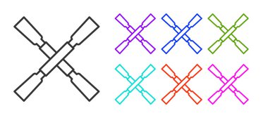 Siyah çizgi kürekler veya kürekler beyaz arkaplanda izole edilmiş tekne simgesi. Simgeleri renklendirin. Vektör.