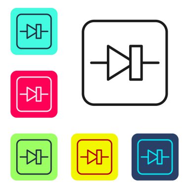 Elektronik devre simgesindeki siyah çizgi diyotu beyaz arkaplanda izole edildi. Renkli kare düğmelerle simgeleri ayarla. Vektör.