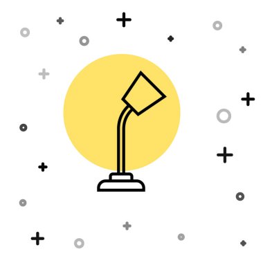 Beyaz arkaplanda siyah çizgi masa lambası simgesi izole edildi. Rastgele dinamik şekiller. Vektör.