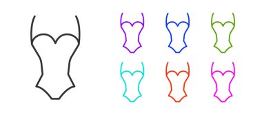 Siyah çizgi Summer plaj mayo ikonu beyaz arka planda izole edilmiş. Plaj kadını modası. Simgeleri renklendirin. Vektör.