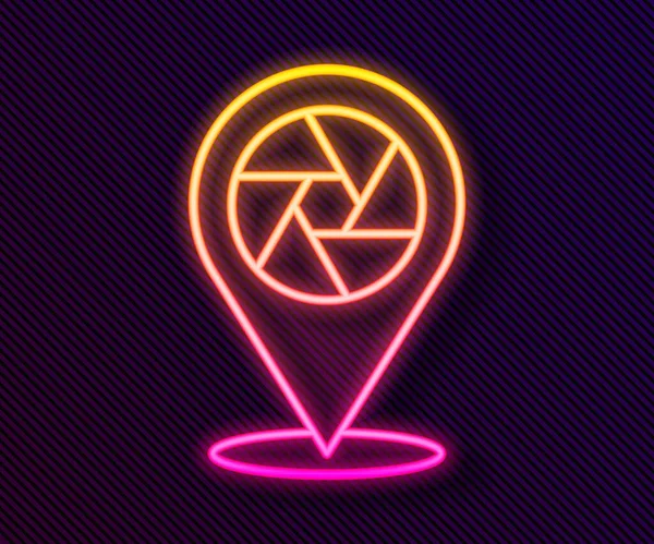 Parlayan neon hattı kamera deklanşör simgesi siyah arkaplanda izole edildi. Vektör.