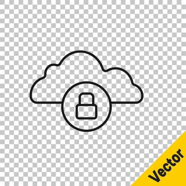 Black Line Cloud Computing Lock Icon Isolated Transparent Background Security — Stock Vector