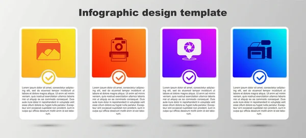 Definir Foto Moldura Câmera Obturador Câmera Cinema Modelo Infográfico Negócios — Vetor de Stock