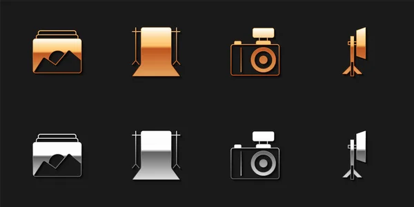 Setzen Sie Fotorahmen Leere Fotostudio Kamera Und Studiolampe Softbox Symbol — Stockvektor
