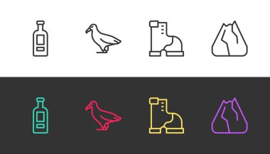 Votka şişesi, Albatros kış botu ve dağları siyah beyaz. Vektör.