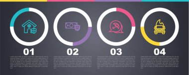 Kalkan Para Şemsiyesi ve Yanan Arabayla Hat Evi 'ni ayarla. Ticari bilgi şablonu. Vektör.