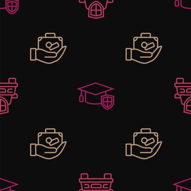 Araba sigortası, seyahat valizli el ve kalkanlı mezuniyet şapkası. Vektör.