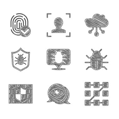 Sistem Böceği Göz Taraması Grafik Parola Koruma Kalkanını tuğla duvar interneti ve parmak izi simgesi ile ayarla. Vektör.