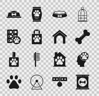 Konserve yiyeceği hayvan ayak izli köpek kemiği, kase evcil hayvan hapı ve ev ikonu ile hazırla. Vektör.