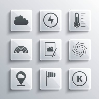 Koni rüzgâr gülünü Kelvin Kasırgası Hava Durumu Hava Durumu Hava Bulutu ve Meteoroloji termometresi ikonunu ayarla. Vektör.