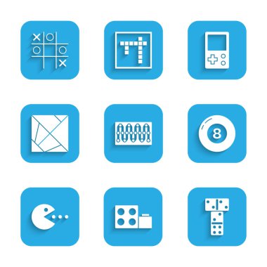 Oyun konsolu oyuncakları, Domino Bilardo bilardosu bilardo topu Pacman 'a tuğla tuğlaları ve Rubik küp Tetris ve Tic tac toe ikonu yedirin. Vektör.