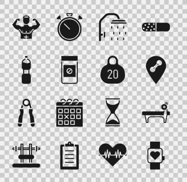 Smart Watch Bench 'i barbel lokasyon spor salonu duş başlığı Anabolik uyuşturucu şişesi vücut geliştirici kas ve Kettlebell ikonu ile ayarla. Vektör.