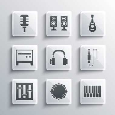 Çevirme düğmesi seviyesindeki Grand piano sesli kulaklıkları ses karıştırıcı kontrolörü Gitar yükseltici mikrofon ve simge ayarla. Vektör.