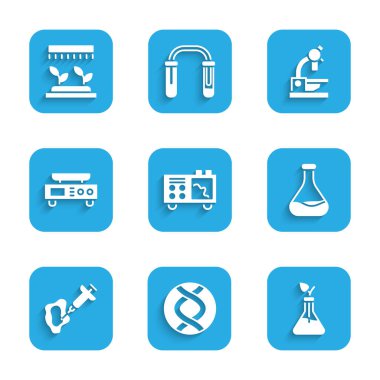 Spektrometre DNA sembolü Bitki Üreme Test Tüpü ve Elektronik Şırınga Ölçeği Mikroskobu ve Otomatik Sulama ikonu 'nu ayarla. Vektör.