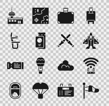 Koni Meteoroloji Rüzgâr Soğu Yönlendiricisi ve Wi-Fi sinyalini uçak biletli Bavul Pasaportu Havaalanı kontrol kulesi ve Marshalling Wan ikonu ile ayarla. Vektör.