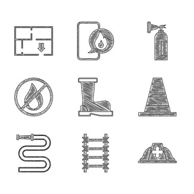 Yangın botları firar kaskı trafik konisi hortumu. Yangın söndürücü ve tahliye planı ikonu yok. Vektör.