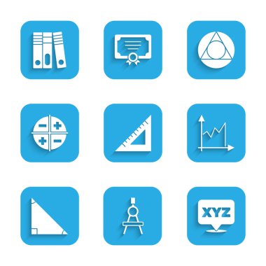 Üçgen cetvel çizim pusula XYZ koordinat sistemi grafiği şeması, üçgen matematik ve ofis dizinleri simgesini ayarla. Vektör.