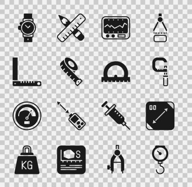 El ölçekli yay mekanik çapraz ölçümleme mikrometre mezurası korner cetvel cetvel saati ve iletken simgesi ayarla. Vektör.