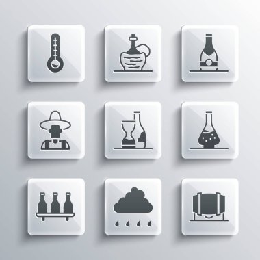 Bulut 'u şarap için tahtadan fıçıyla hazırla Decanter of Farmer şapkalı Meteoroloji termometresi ve şampanya şişesi ikonu. Vektör.